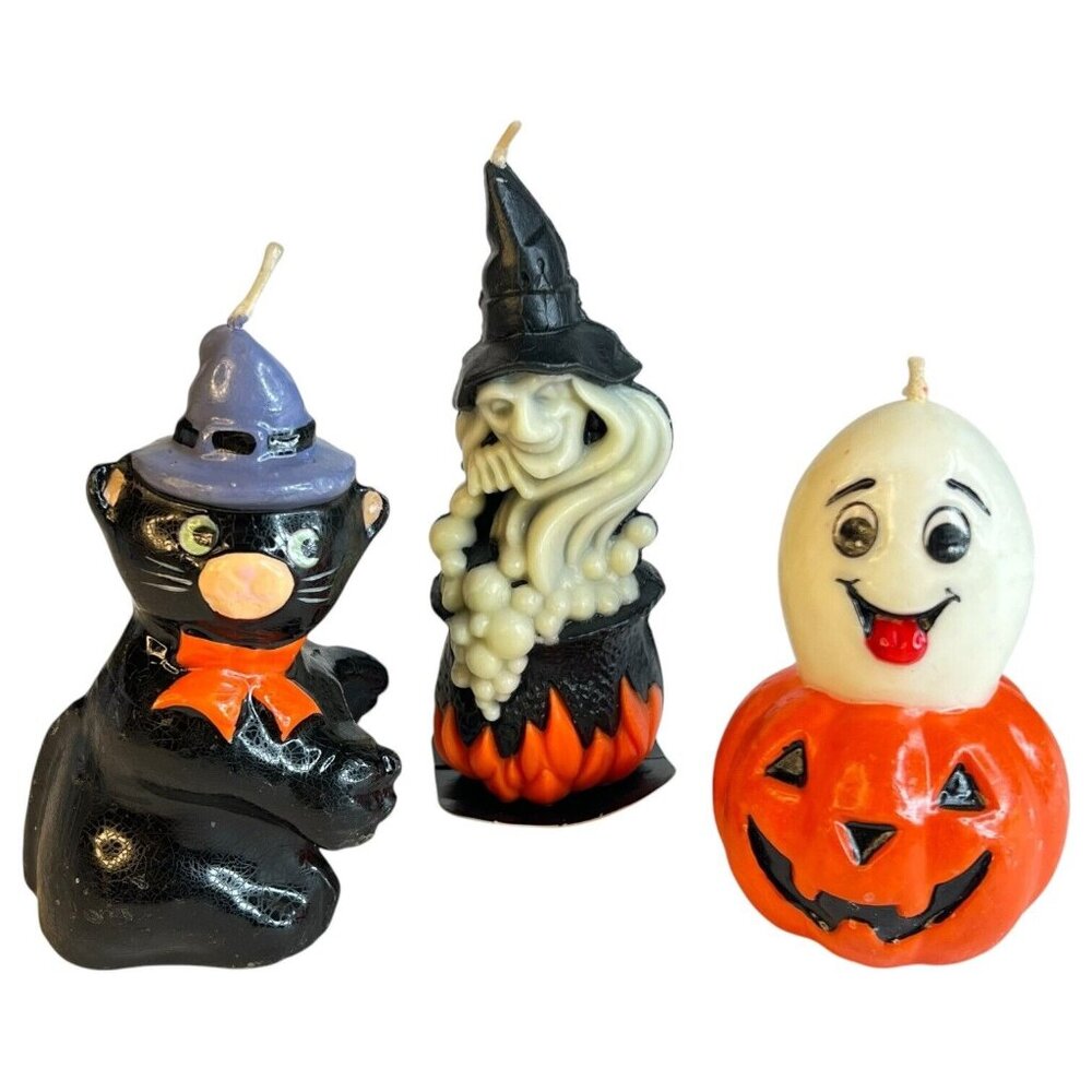 3 Vintage Halloween Candles Gurley Witch‎ & Cauldron Ghost in Pumpkin Black Cat